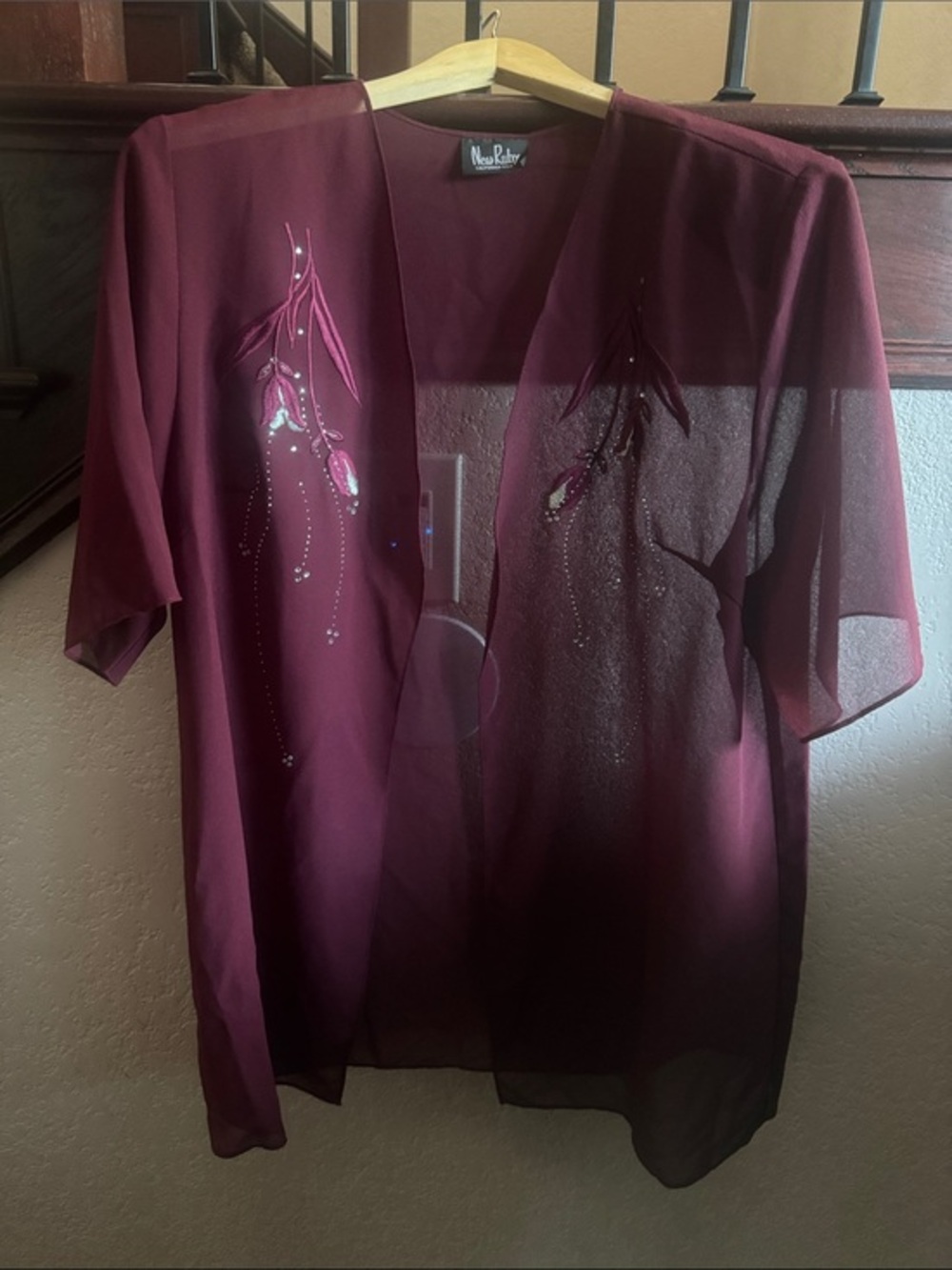 Vintage New Ruby Sheer Embroidered Kimono Deep Burgundy Rhinestone Embellished